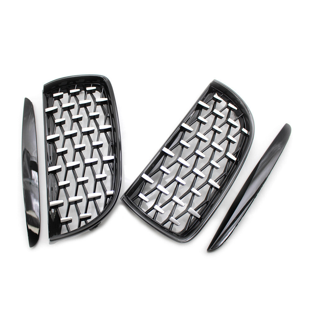 2pcs Front Black Frame Chrome Grille Diamond Meteor Style Fit for BMW E90 2005-08