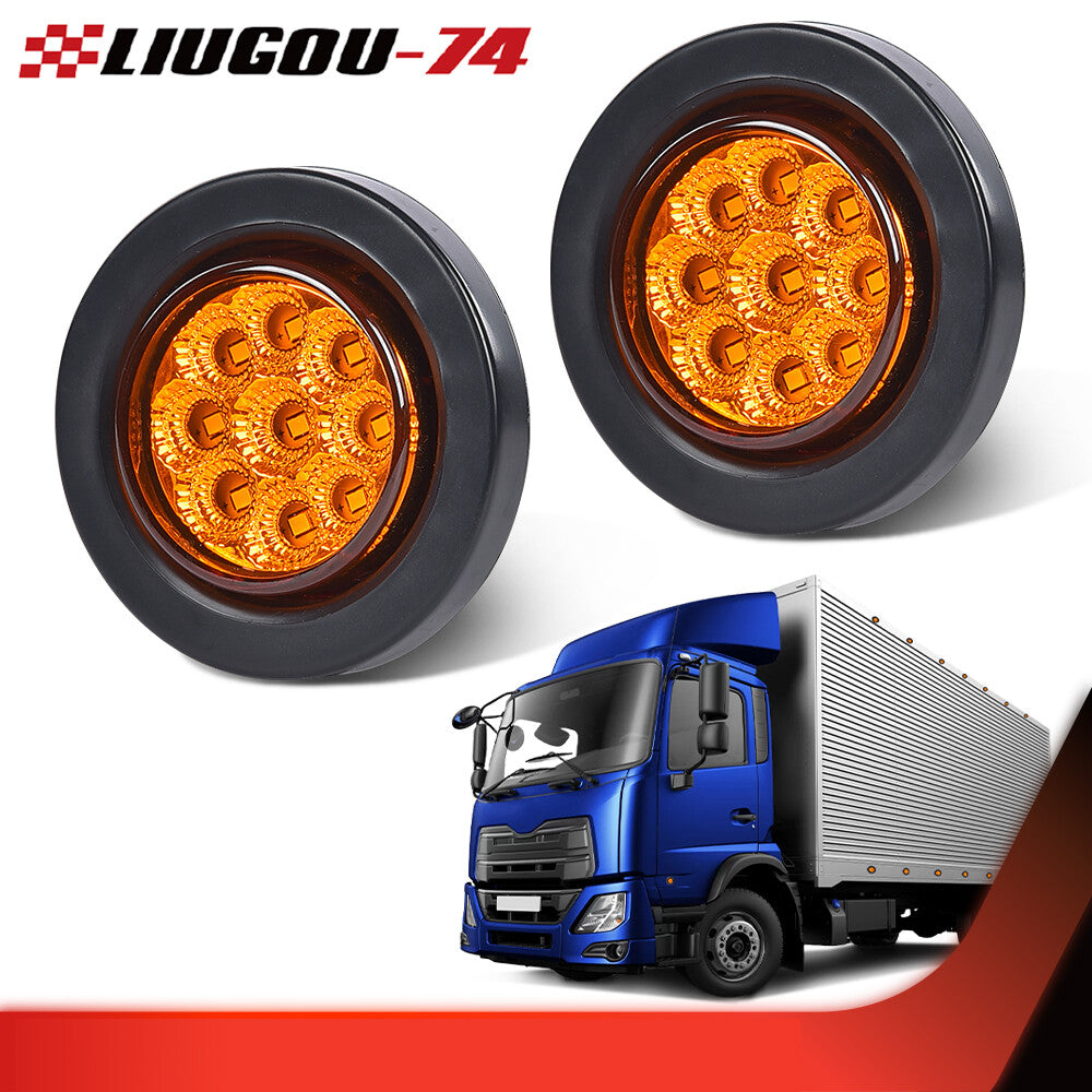 1 pair of amber 2-inch round 12-volt 9-LED side marker lights suitable for trucks, trailers, and caravans.