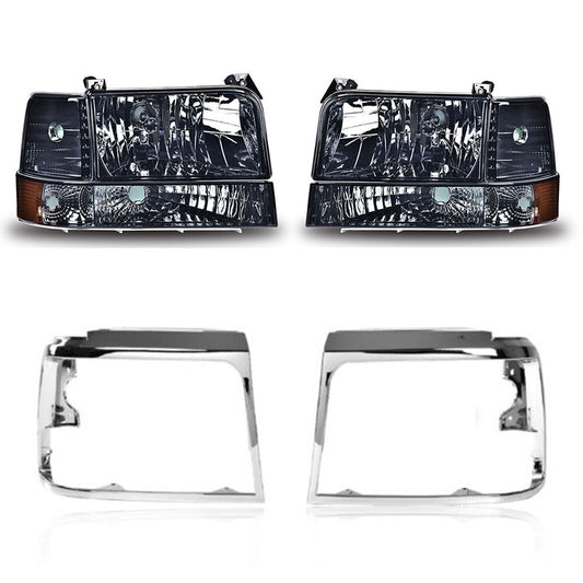 Suitable for 1992-1996 F150/F250/F350 models. Smoked headlights + chrome headlights and door panels.