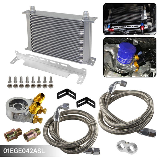 Universal 25 Row Oil Cooler+AN10 Oil Adapter w/Thermostat +Braided Hose Line Kit