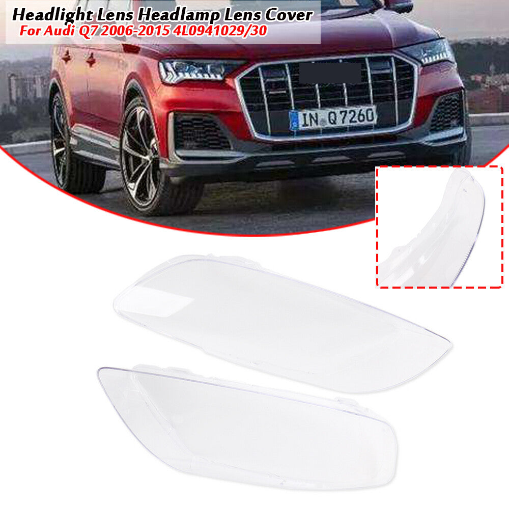 Left and right front headlight protective covers and lens housings for Audi Q7 models from 2006 to 2015.