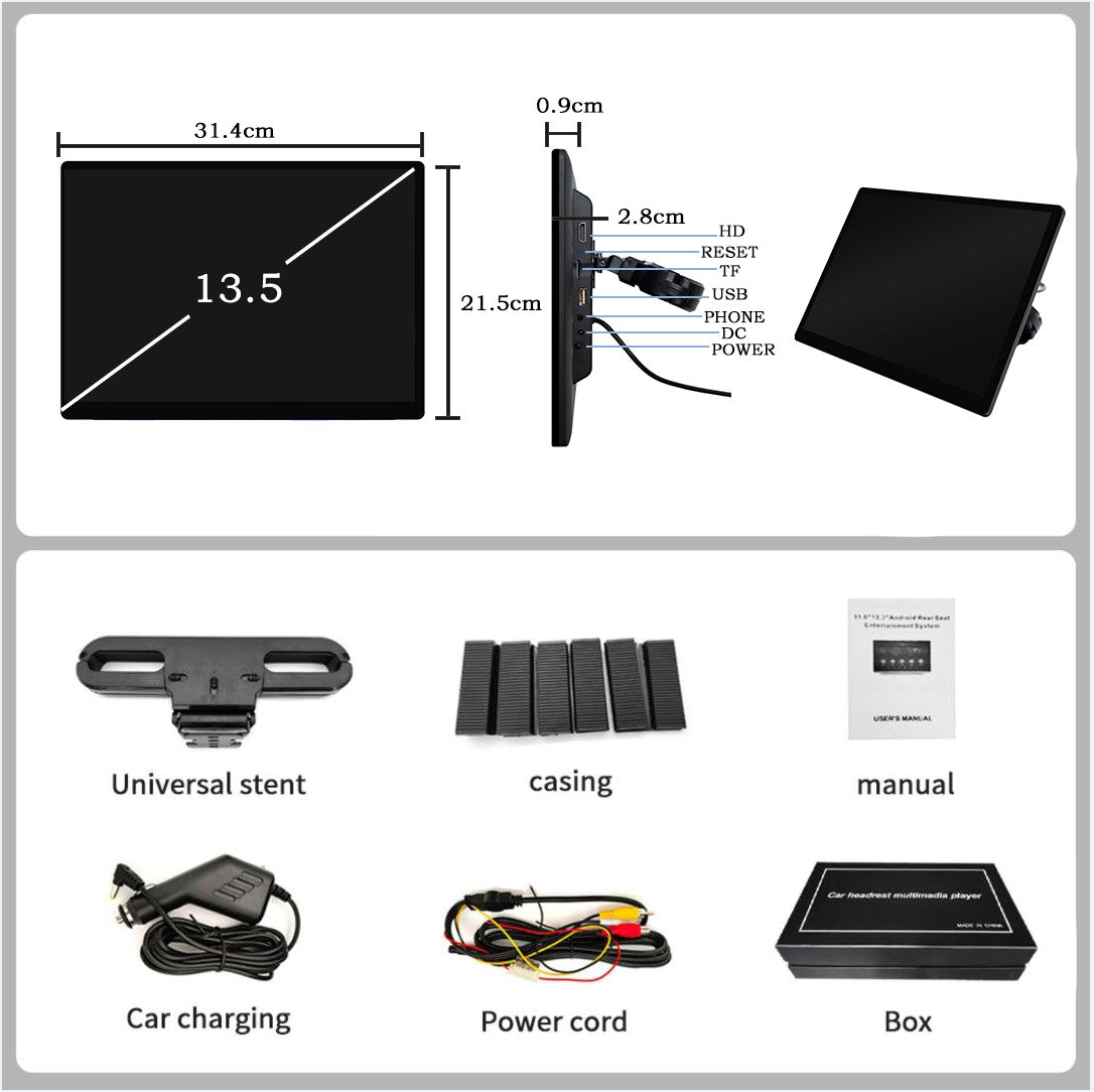 13.5in Media Headrest For Car Rear Monitor Video USB TF WIFI Bluetooth 2+32GB