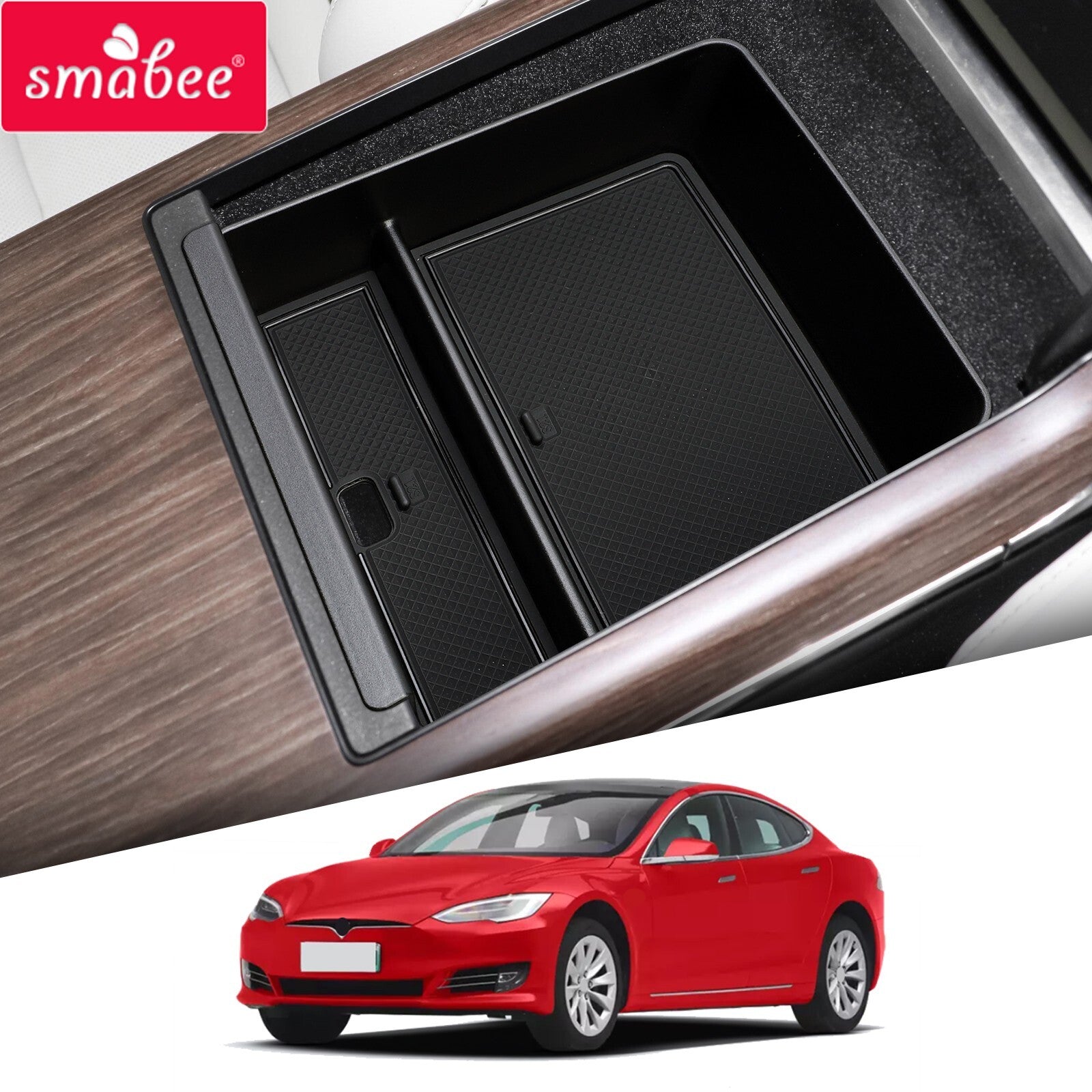 for Tesla for Model S Car Armrest Box Center Console Storage Tray Tidying Black