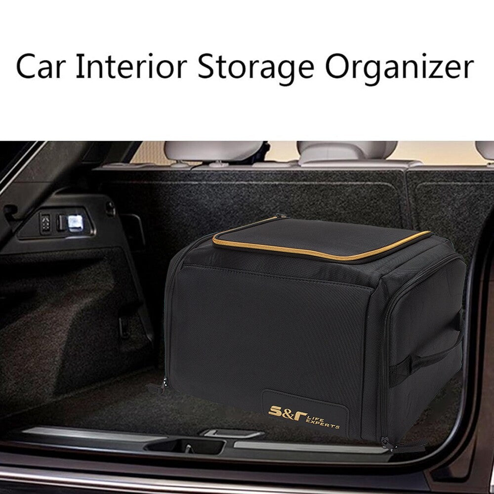 Car Trunk Organizer with Lid  Sturdy Handle Cargo Storage Compartment Bag Black