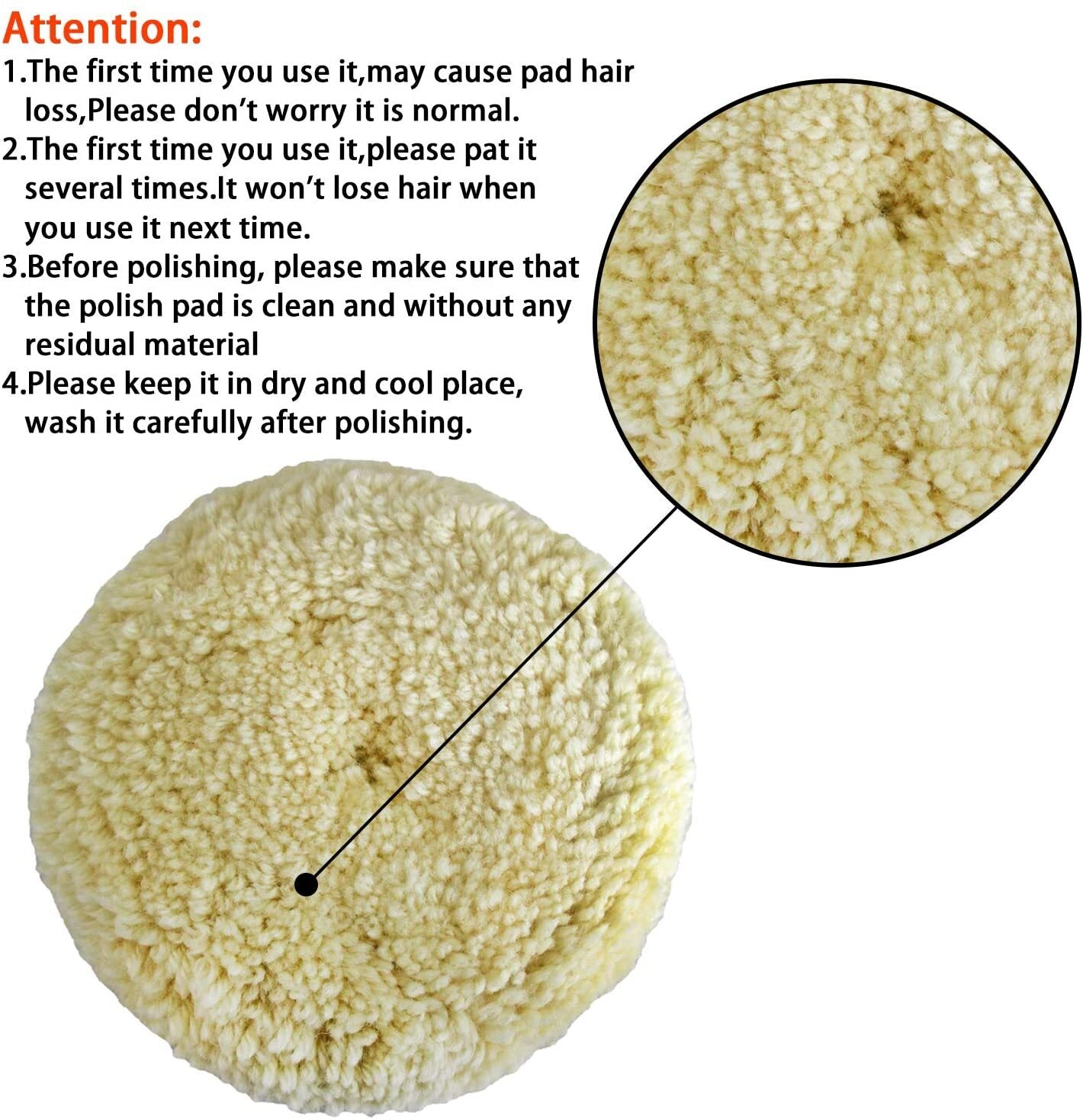 Polishing Pad Kit (6 pieces), 3-inch 100% Natural Wool Hook  Loop for Cars