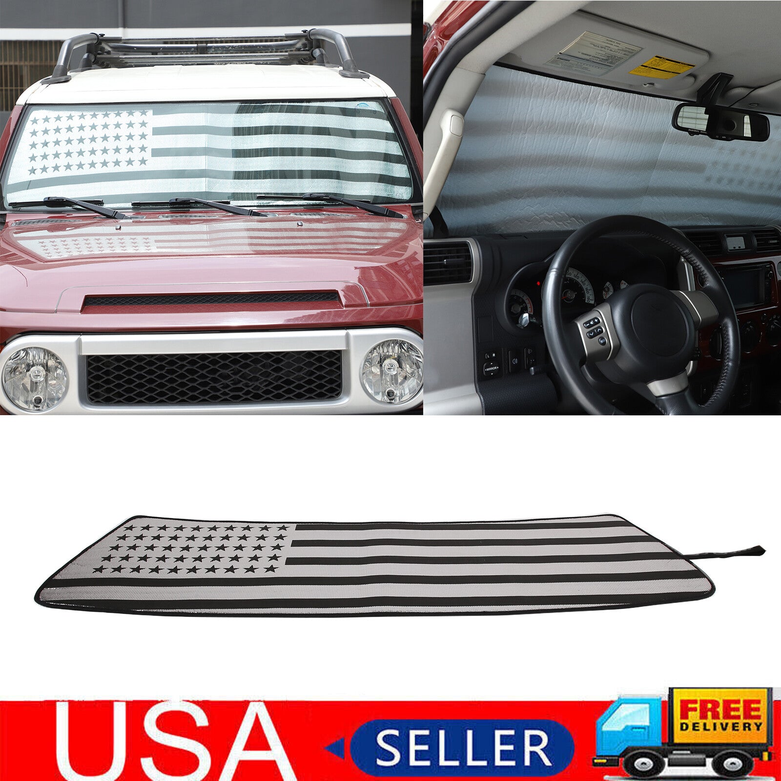 Car windshield sunshade with American flag UV shield for Toyota FJ Cruiser 14+