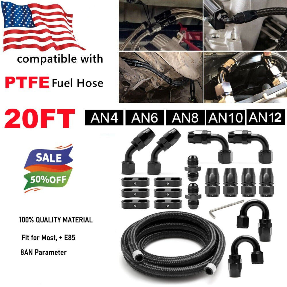 8AN 1/2 inch fuel line connector kit for 20-foot PtFE fuel hoses. AN8 hose end connector adapter.