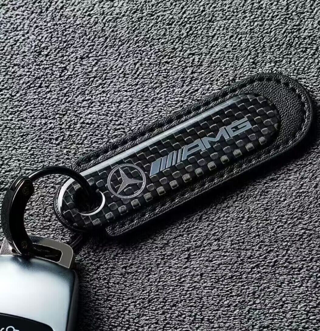 Real Carbon Fiber+Black Leather Keychain Key Fob Key Ring for Mercedes AMG