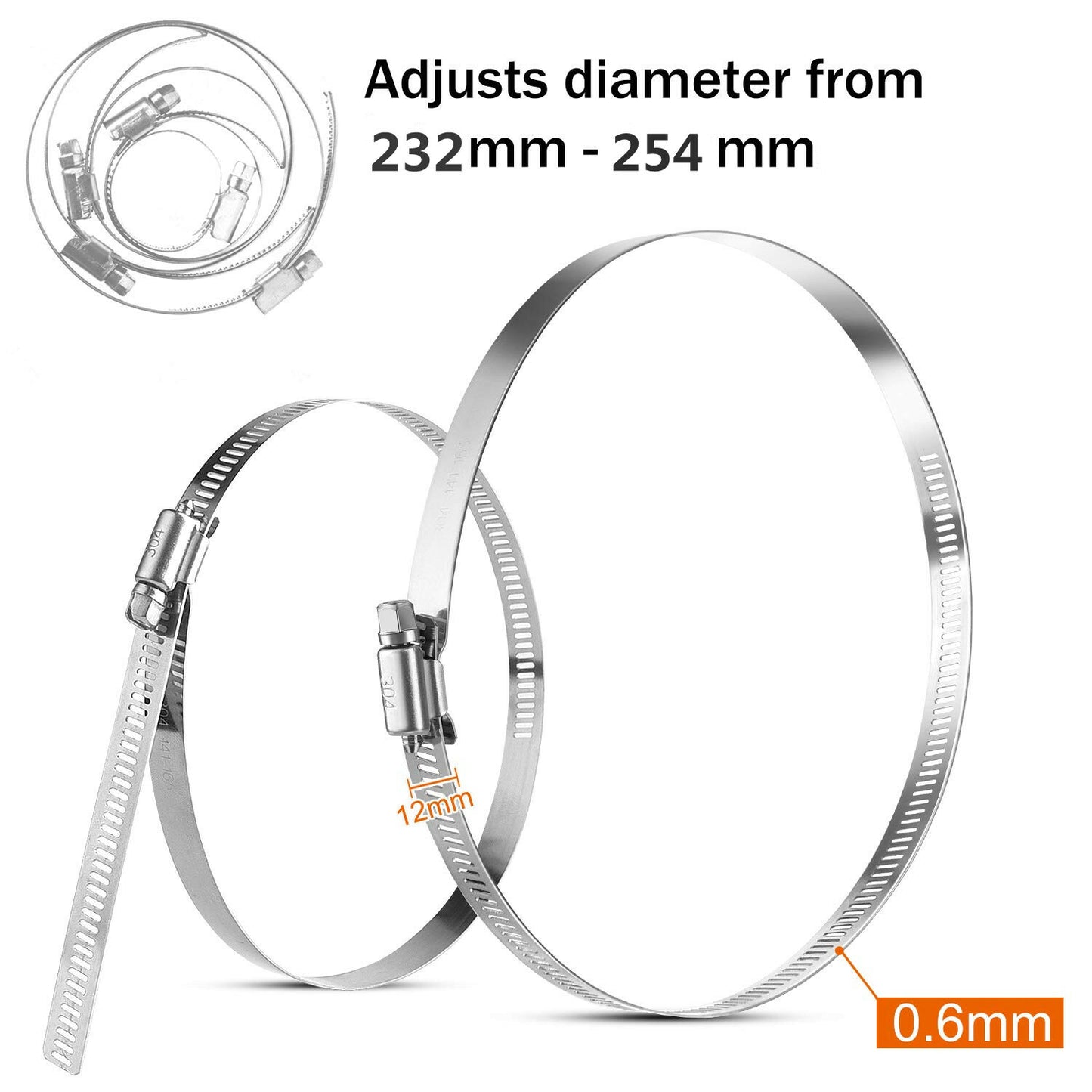 6-Piece Pack of 10-inch Hose Clamps 304 Stainless Steel - Worm Gear Hose Clamp Tool