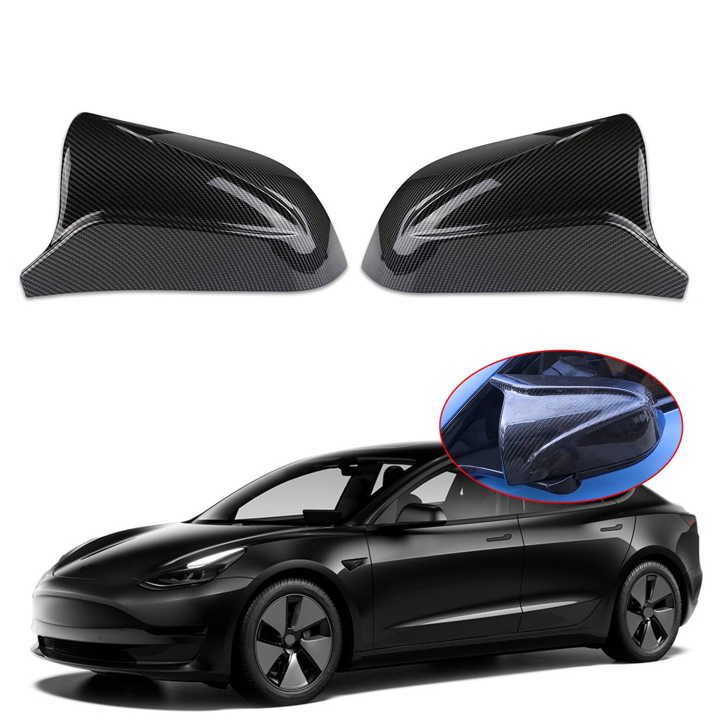 2pcs Rearview Wing Door Mirror Cover Cap Carbon Fiber for Tesla Model 3 17-20