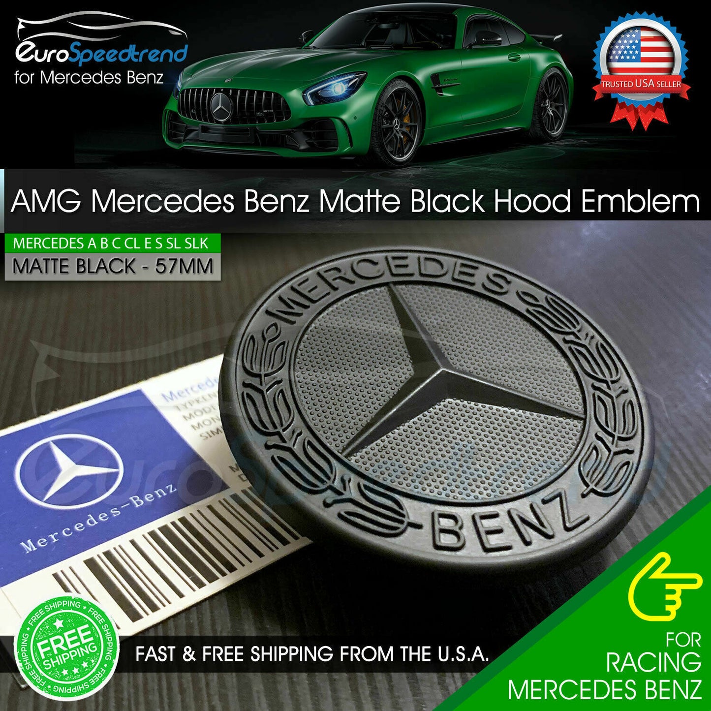 AMG front grille badge, matte black, flat laurel wreath badge, 57mm C