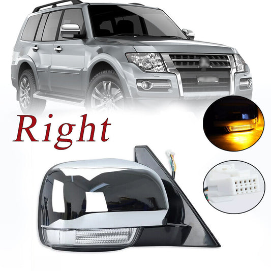 The right-side door mirror with light chrome trim is suitable for Mitsubishi Pajero Montero 2006 - 2021.