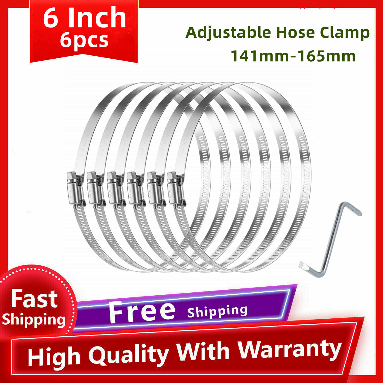 6-inch hose clamp, 304 stainless steel, worm gear adjustable, 141mm-165mm.