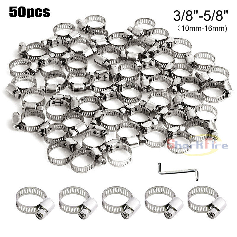 50-pack 304ss hose clamps, 3/8 to 5/8 inch adjustable steel strap worm clamps, universal, new.