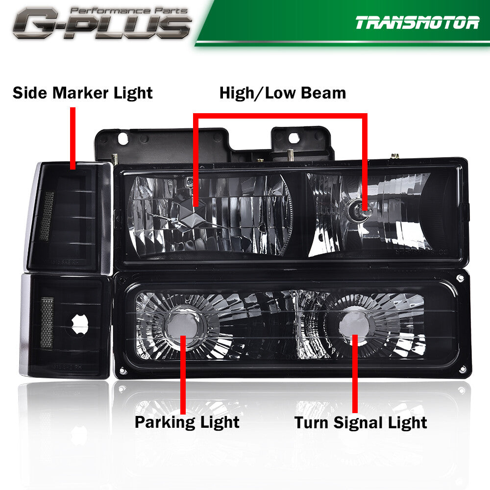 Suitable for 94-98 C/K for Sierra Suburban, smoke lens black headlights + bumper lights