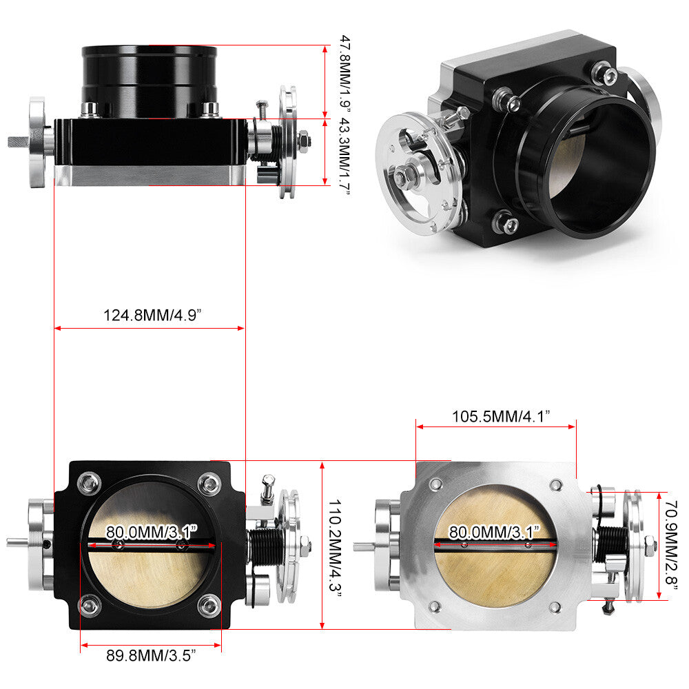 Universal 80MM High Flow Intake Aluminum Manifold Billet Throttle Body Black