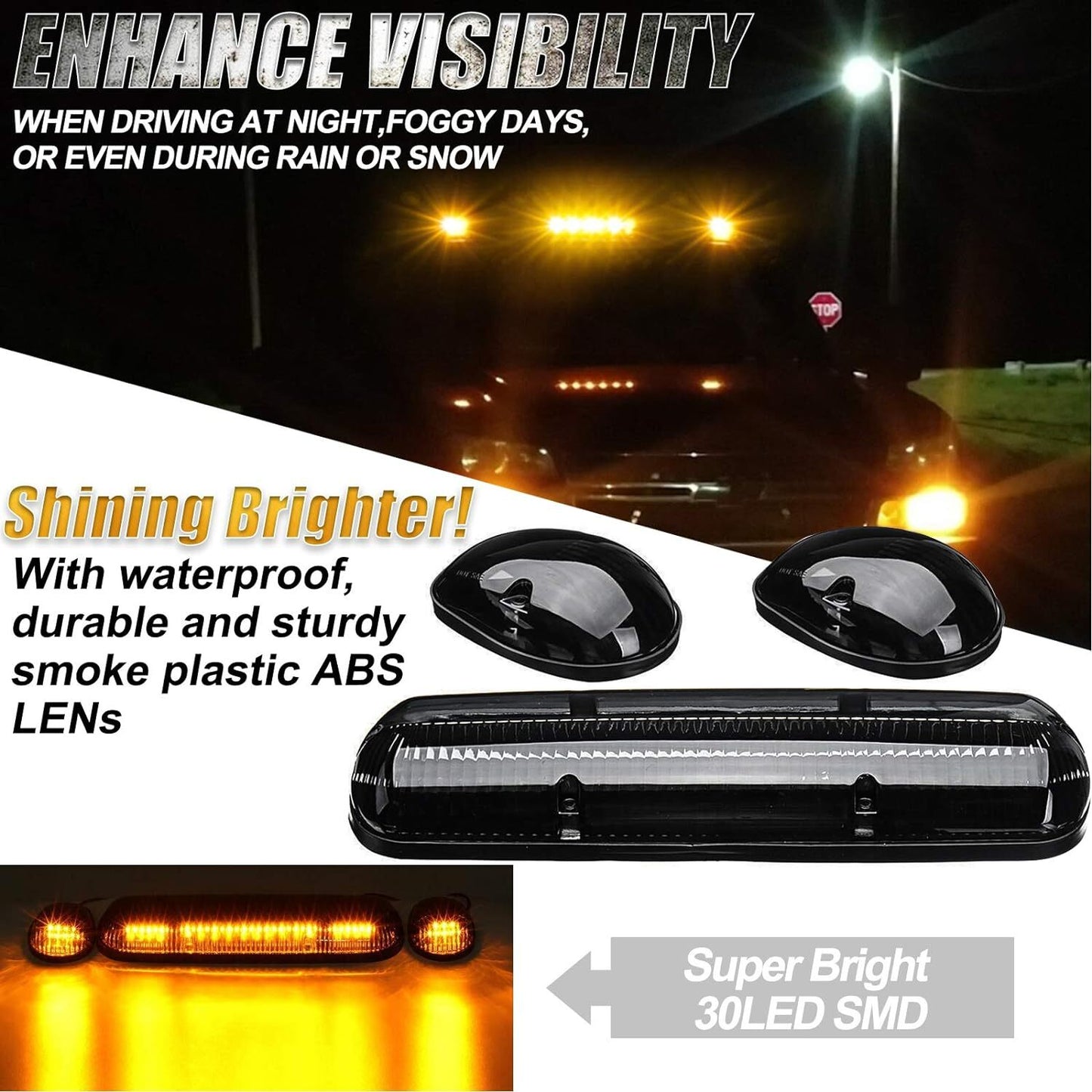 3PCS for 2002-2007 for Chevy Silverado for GMC Smoked Amber Cab Roof Running LED Lights