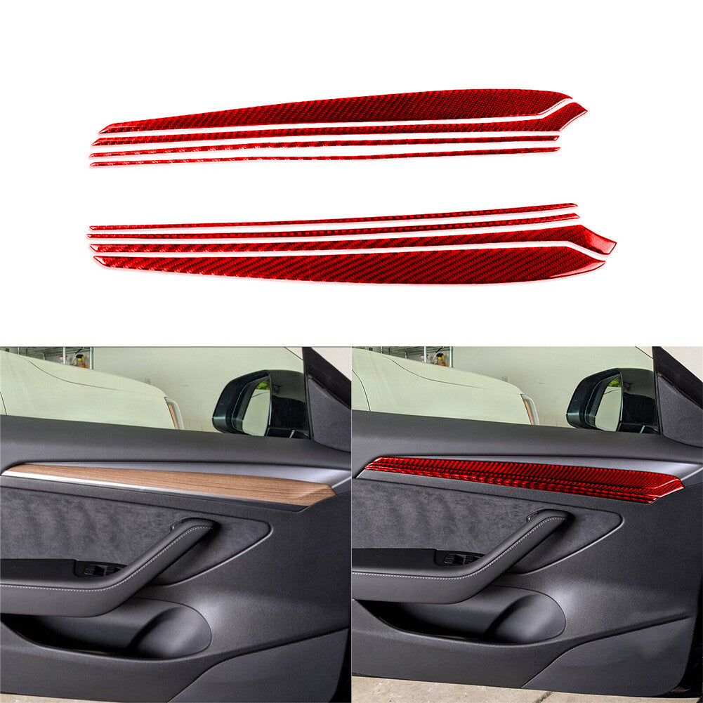 8x Red Carbon Fiber Interior Door Panel Cover Trim for Tesla Model 3/Y 2017-2022