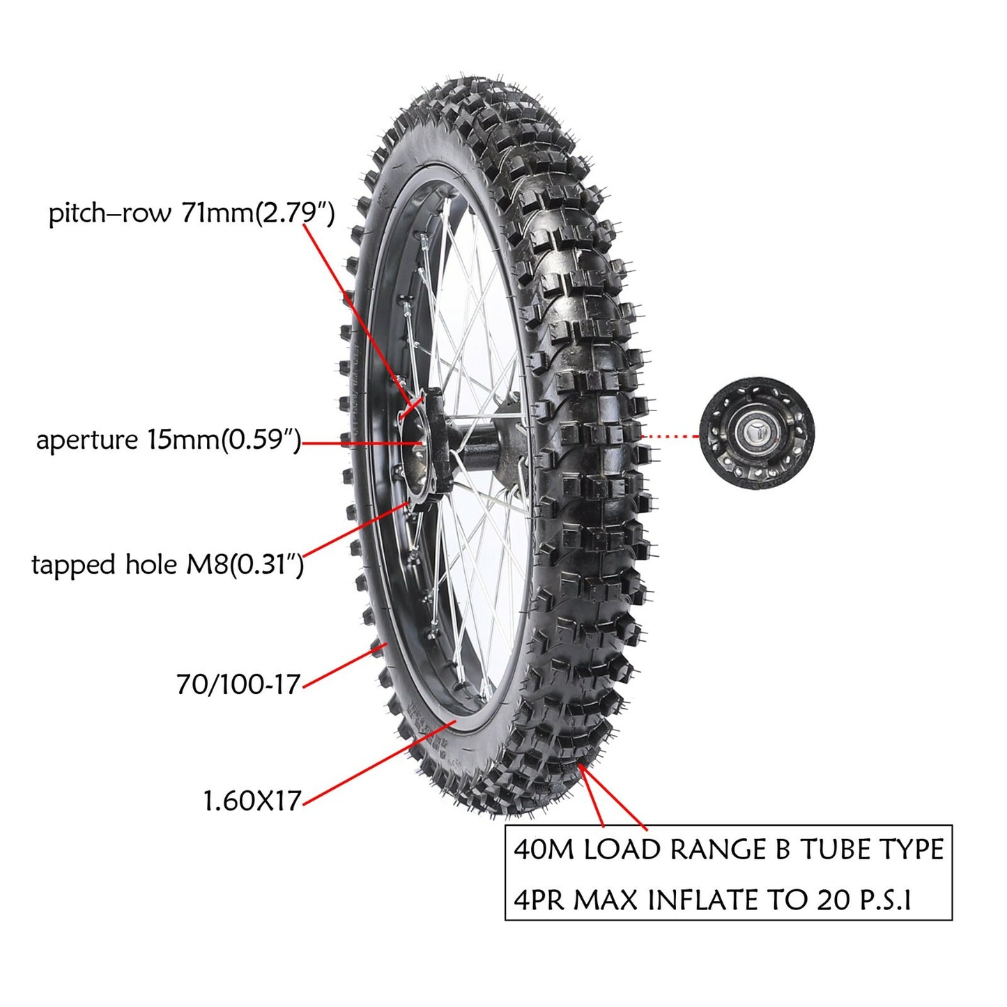 17-inch and 14-inch wheels, 70/100-17 and 90/100-14 tires and rims suitable for SSR 125cc and 110cc off-road bikes.