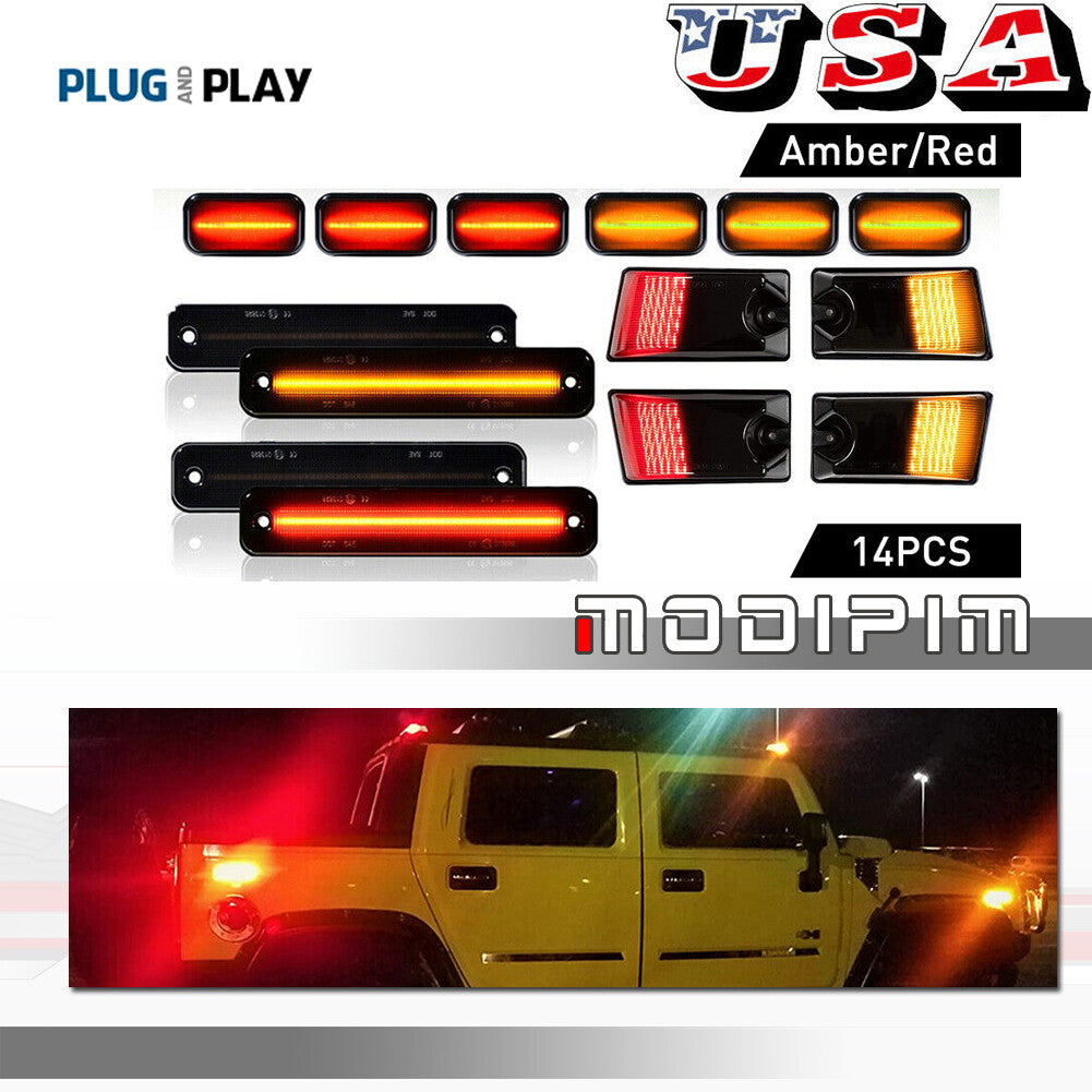 14x LED Cab Roof Side Marker Lights Front and Rear Smoke Kit for 2003-2009 for Hummer H2