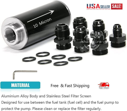Inline 10-micron fuel filter 6AN 8AN 10AN adapter 50mm cleanable + installable Bracket