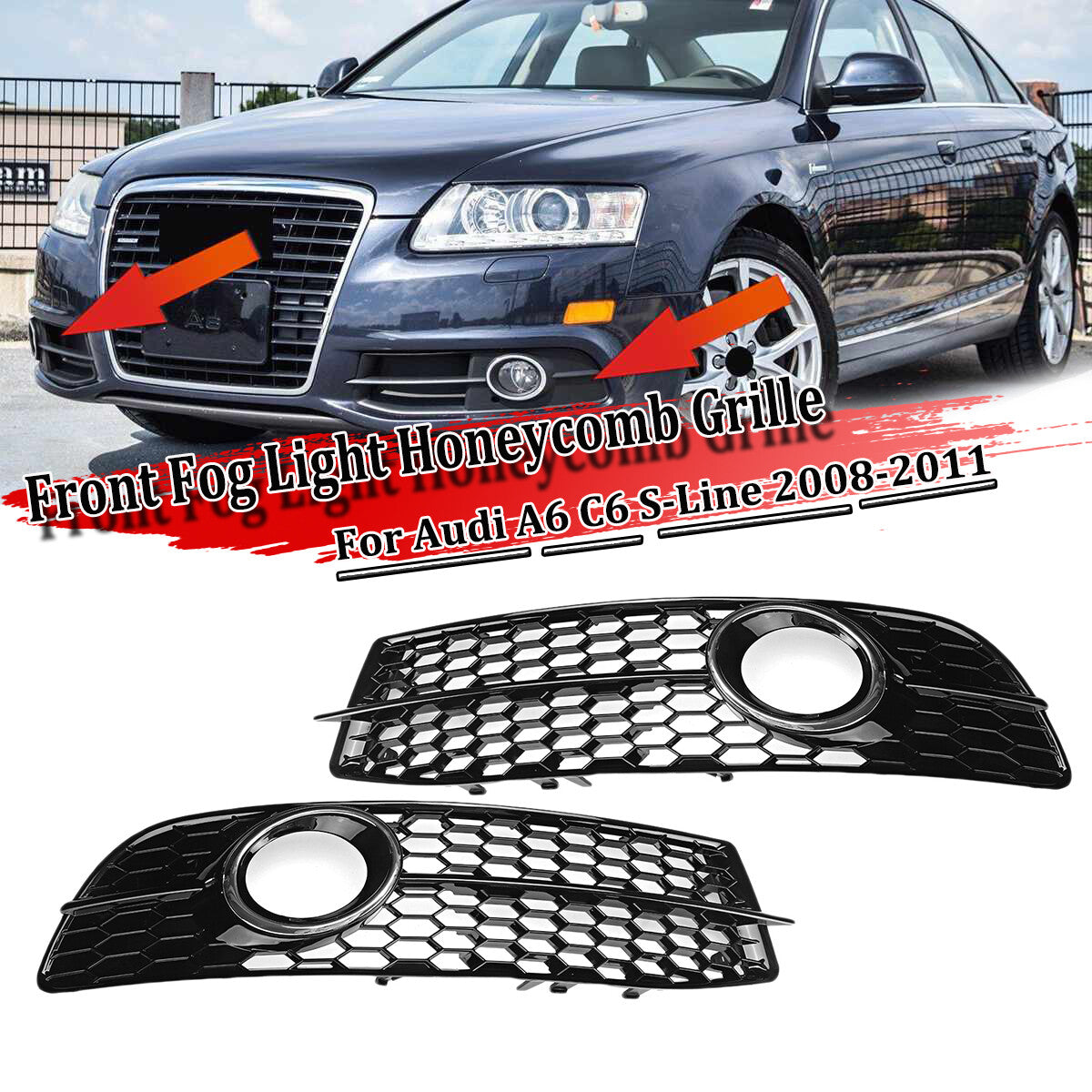 Chrome front bumper fog light grille cover honeycomb design suitable for Audi A6 C6 S-line 08-11