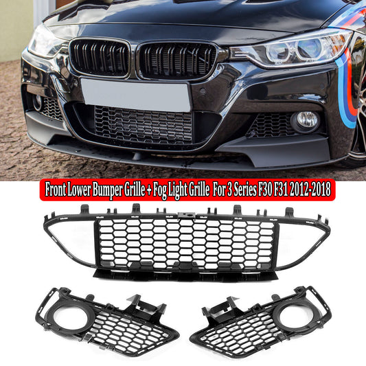 Front-mounted BUMPER FOG LIGHT GRILLE + CENTER MESH kit for BMW F30, F31, F35, M Sport 12-18