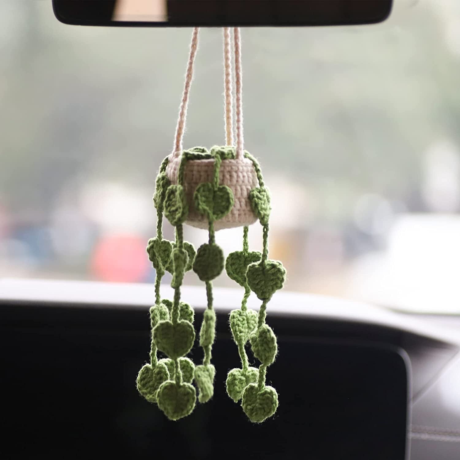 Car Plant Crochet Hanging Basket Cute Rearview Mirror Hanging Ornament SUV Decor