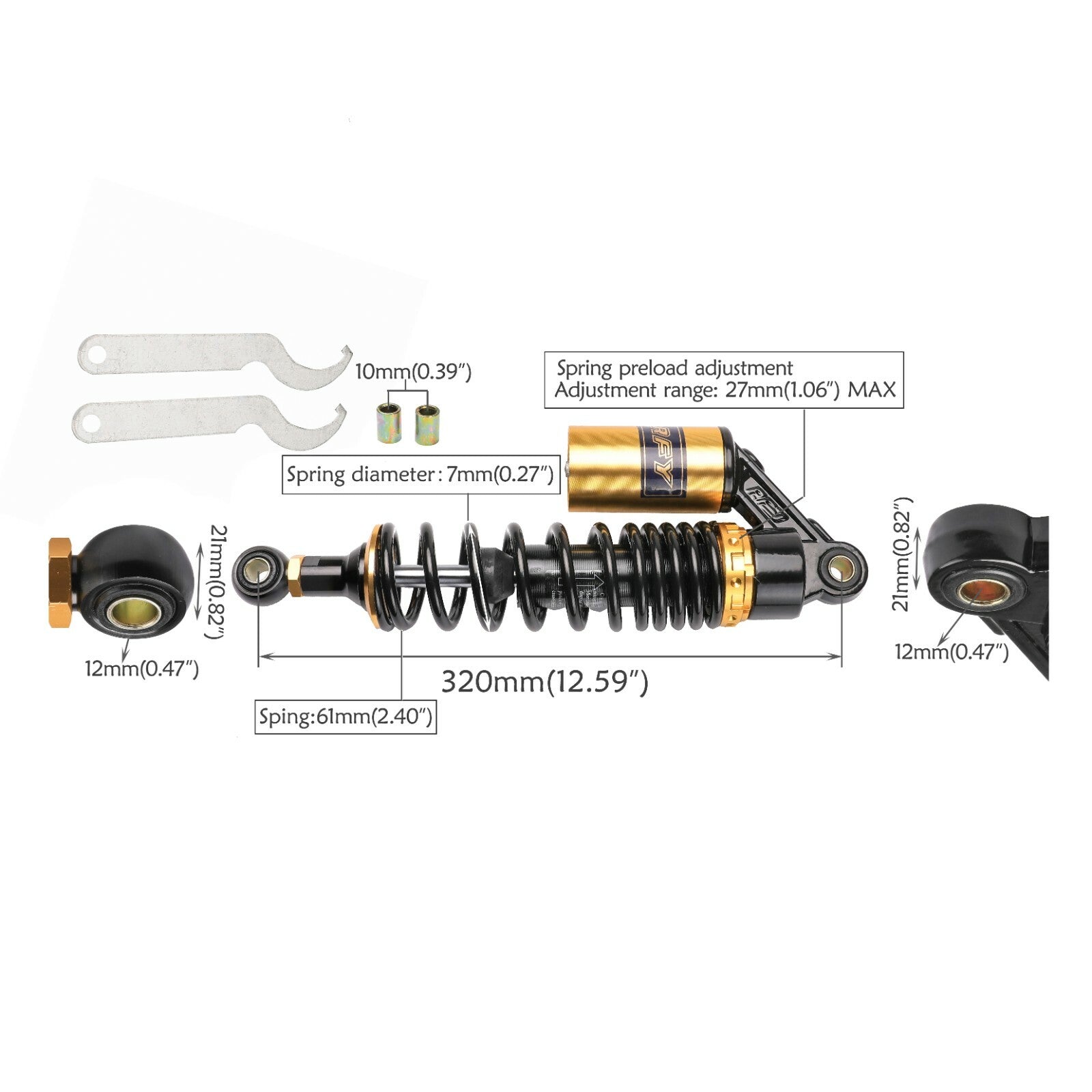 320mm Rear Air Shock Absorbers Suspension Adjustable for Dirt Pit Bike ATV Quad