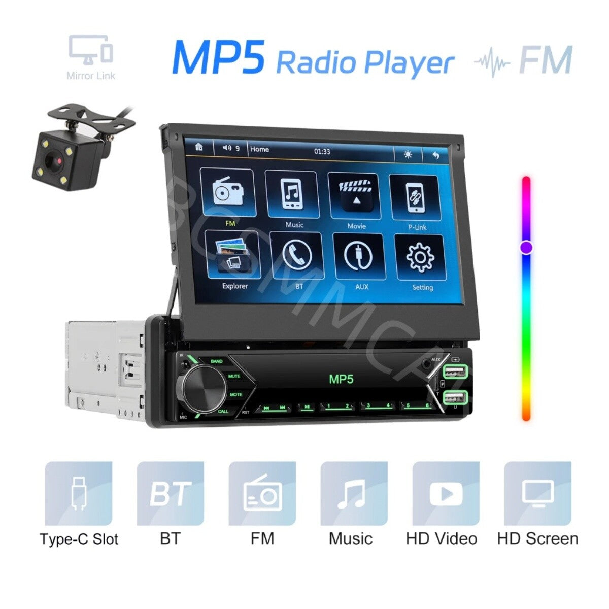 1 DIN 7in Car Stereo Radio MP5 Player Bluetooth Touch Screen With Rear Camera