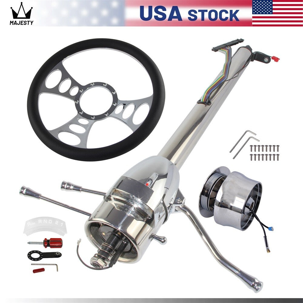 Universal 30'' Tilt AT Automatic Steering Column GM+9 Bolt Steering Wheel Silver