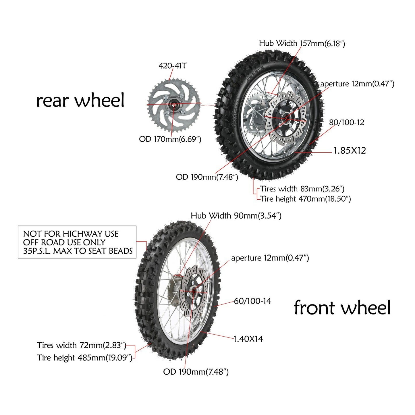 80/100-12 + 60/100-14 wheelset, tires, rims, rear swingarm, KLX110, KX65, SSR110, CRF70
