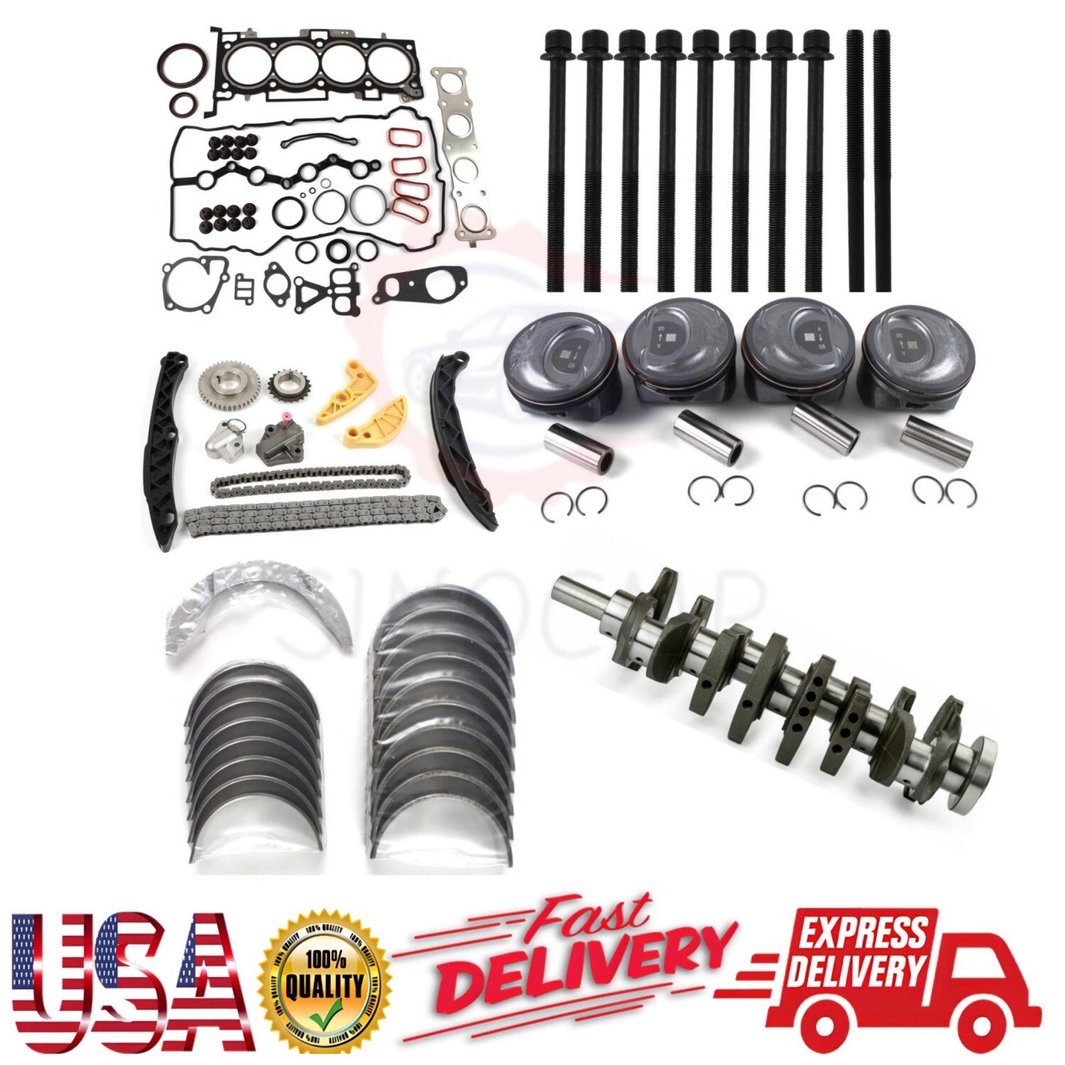 Engine Overhaul Gasket Set Kit w/ Crankshaft Timing Chain Piston for Hyundai US
