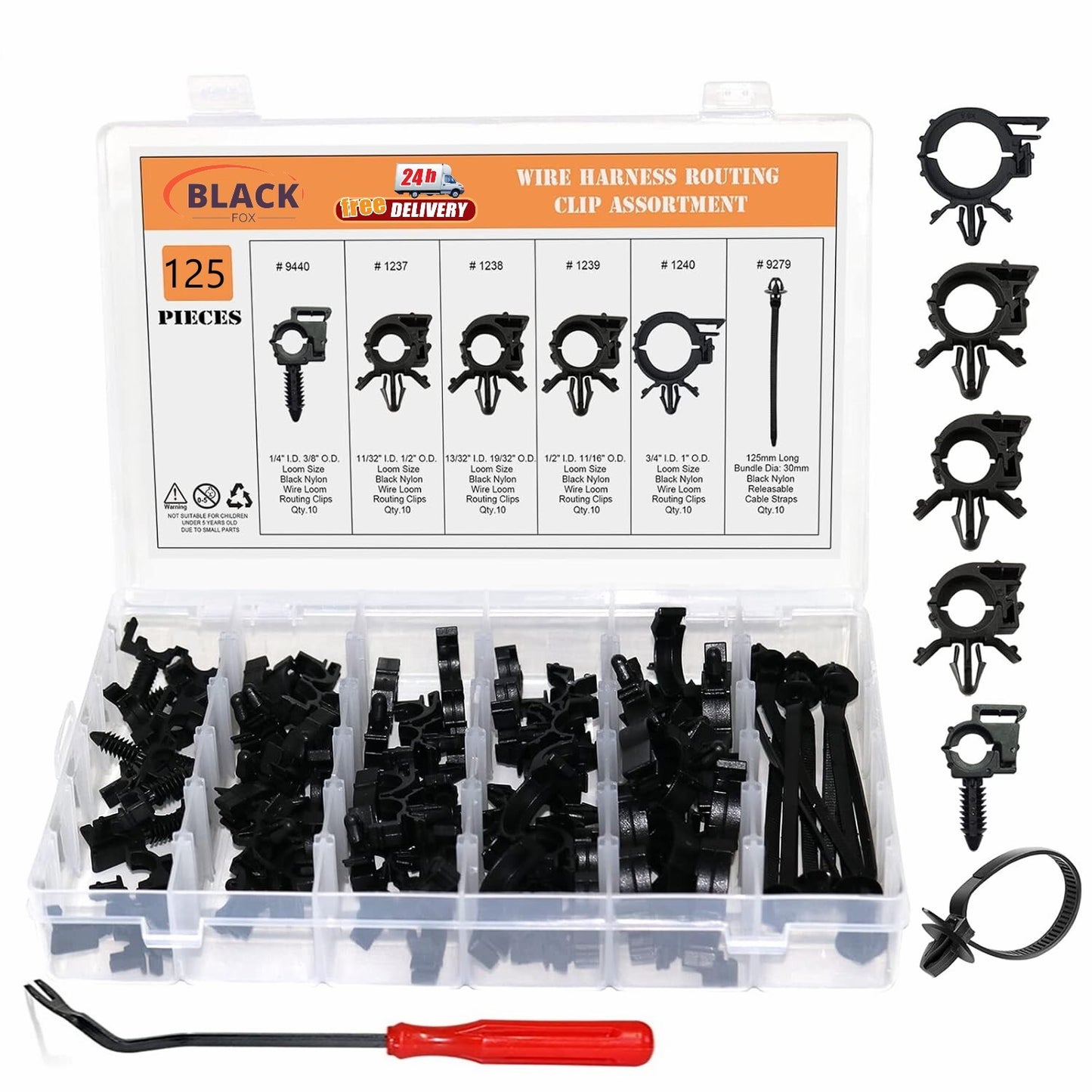 125-piece automotive wiring harness clips, wire and cable clips for Honda , GM, and for Mazda .