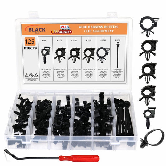 125-piece automotive wiring harness clips, wire and cable clips for Honda , GM, and for Mazda .