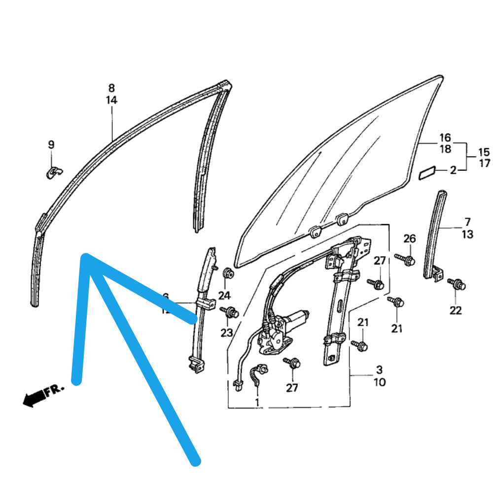 Rubber seal for the molded glass guide rail of the right front window running channel in Accord 03-07