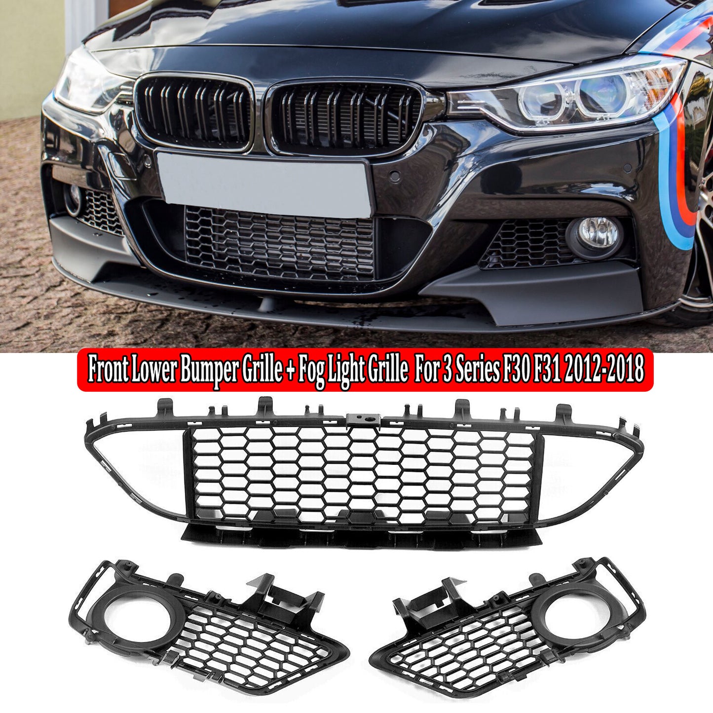 FRONT BUMPER FOG LIGHT GRILLE+CENTER MESH for BMW F30 F31 F35 M SPORT 13-2016