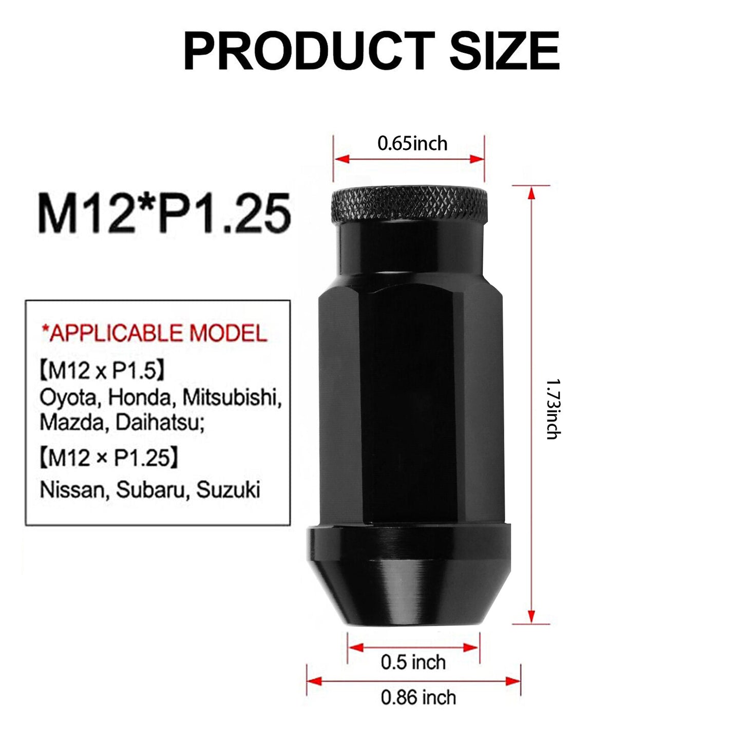 20pcs Black Extended Open End Steel Wheel Lug Nuts M12x1.25 for Toyota for Honda