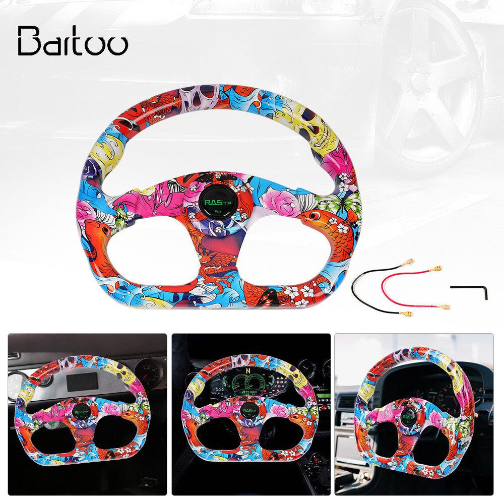 Universal 13 325mm Racing Graffiti Pattern Flat Steering Wheel with Horn Button
