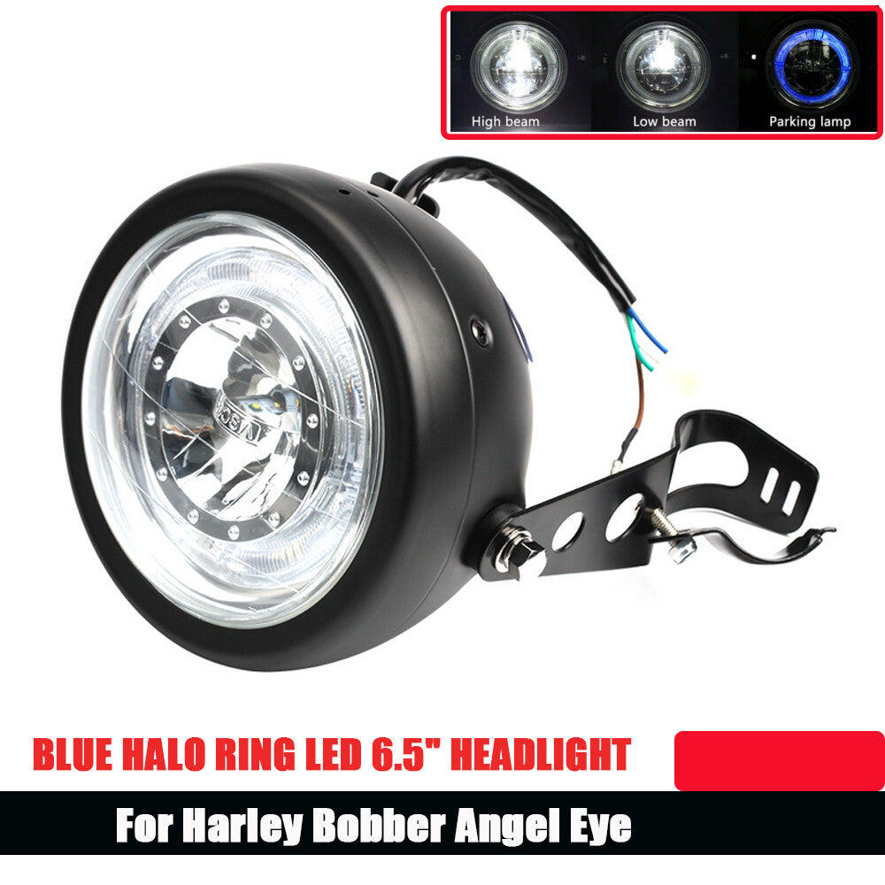 Motorcycle 6.5-inch LED headlight, blue HALO ring angel eye, black, suitable for Harley Bobber
