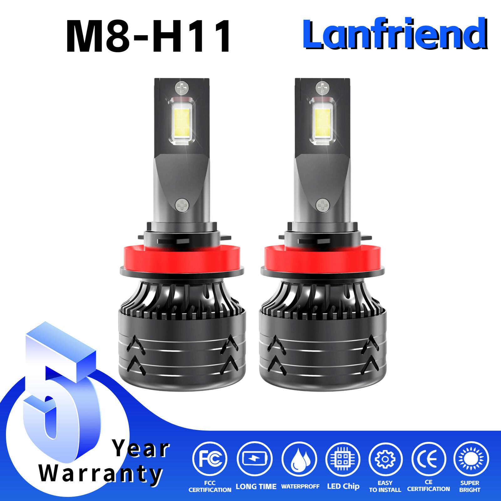 2x H11 Headlight Super Bright Bulbs Kit 6000K 8000LM Hight Power While 12 chips