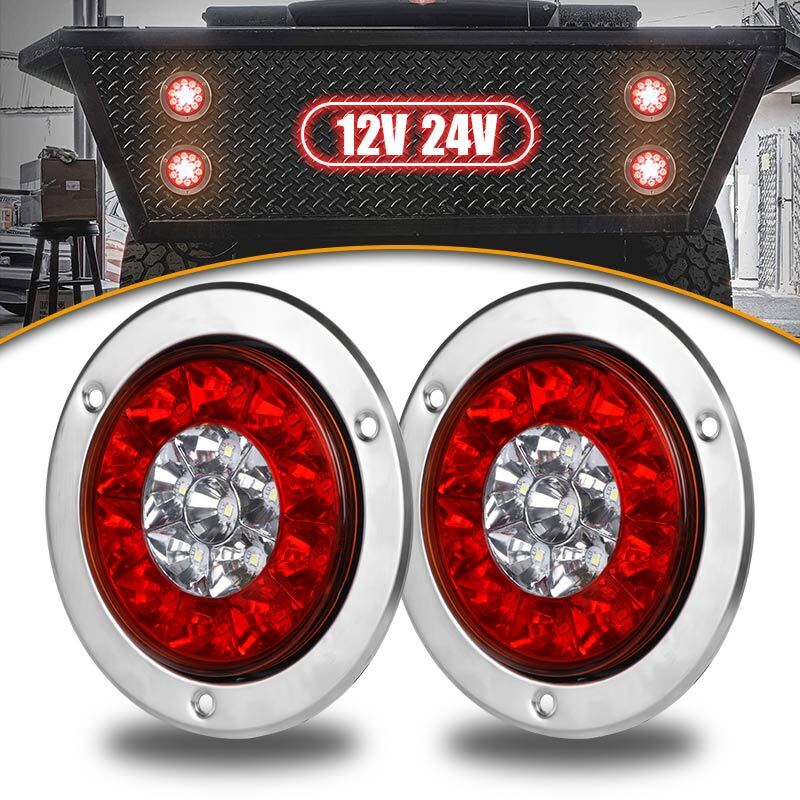 2X 4 LED Red/White Truck Trailer Rear Brake Stop Turn Signal Tail Lights 12-24V