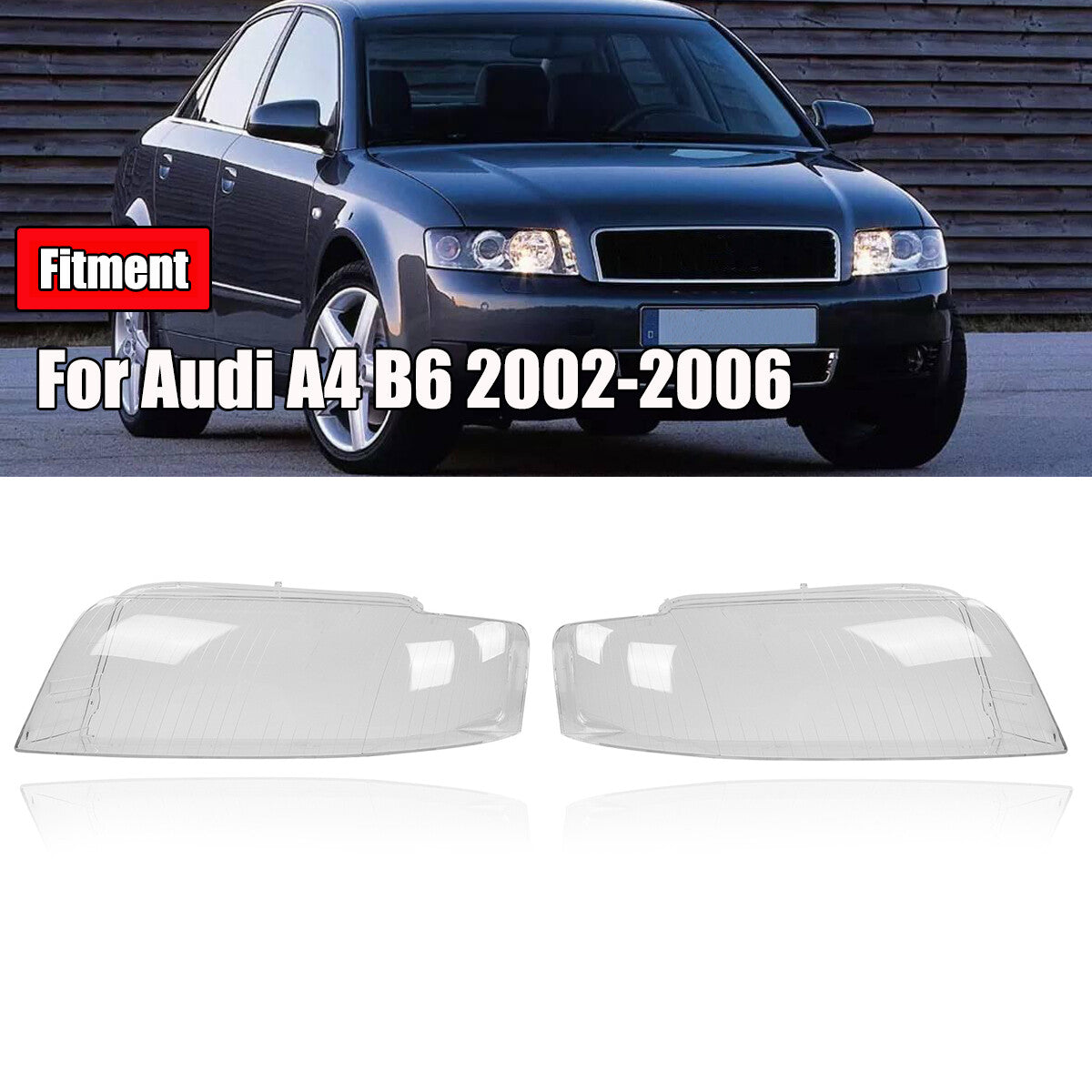 A pair of clear lens covers for left and right headlights, suitable for Audi A4 and B6 models from 2002 to 2005.