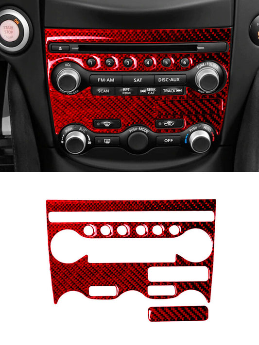 Red CD Radio A/C Button Frame Cover Trim Carbon Fiber for Nissan 370Z 2009-2020