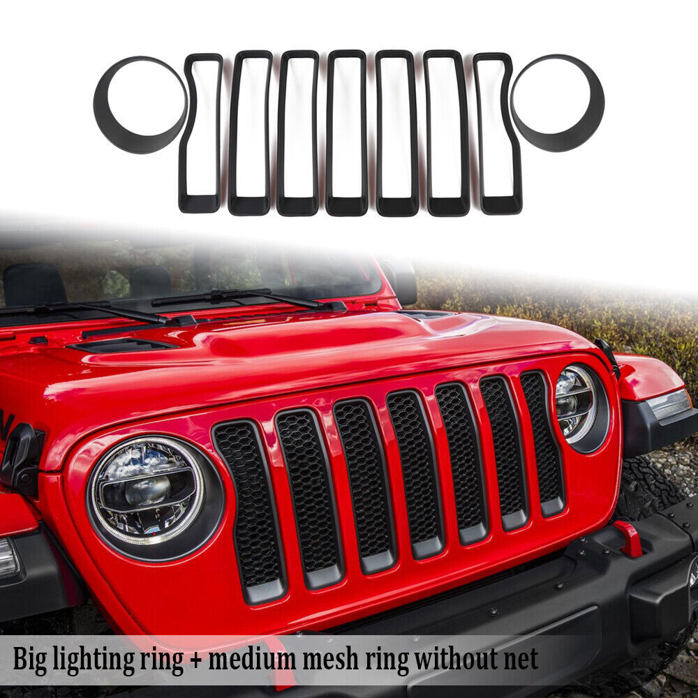 9pcs Front Headlight LampGrille Inserts Ring Cover Trim for Jeep for Wrangler JL18+