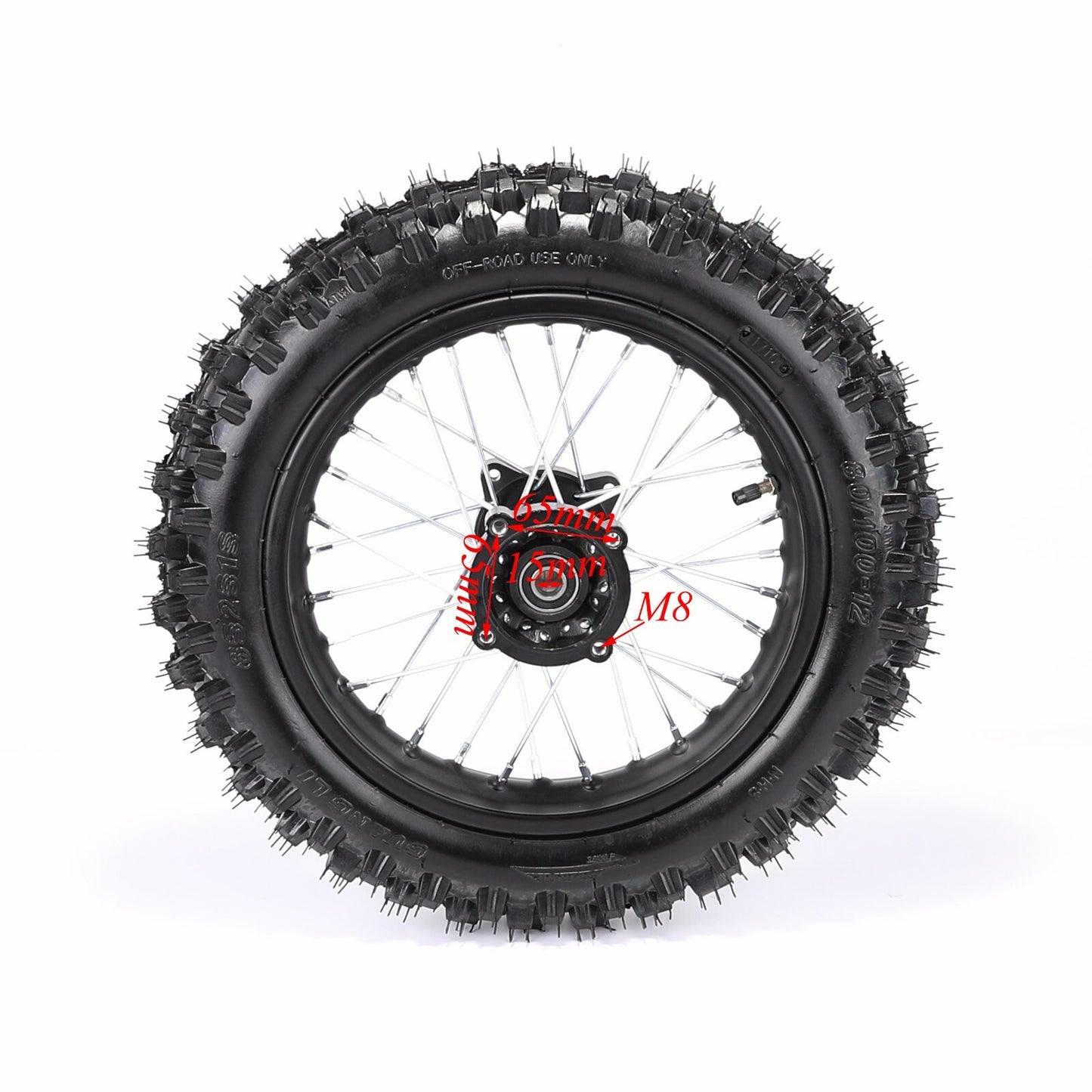 Front 60/100-14 and rear 80/100-12 tires and rims for the KX65 SSR 125cc CRF70 bicycle.
