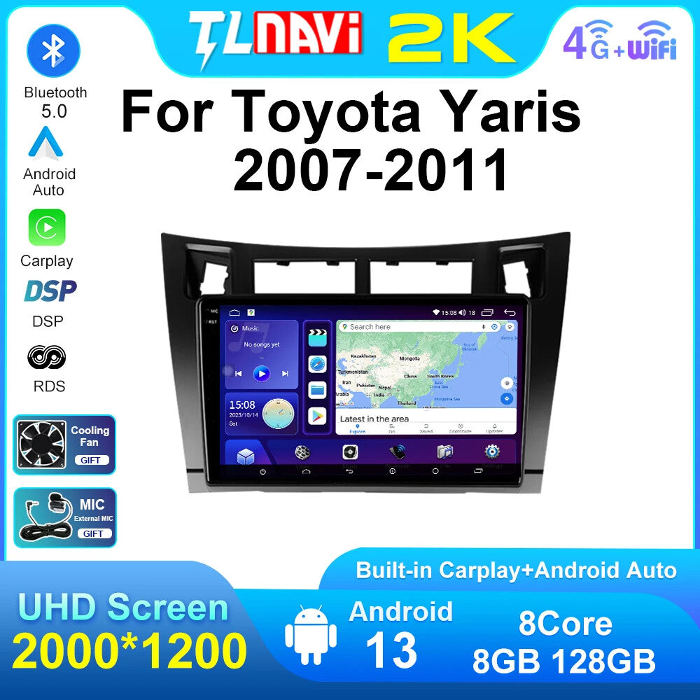 for Toyota Yaris 2007-2011 Android CarPlay Car Radio Multimedia Player Screen