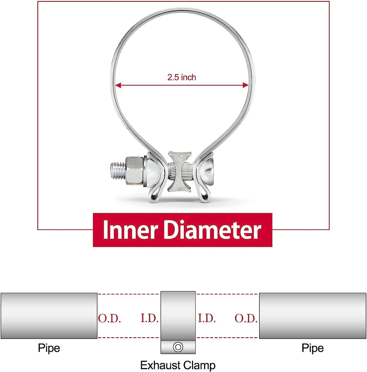 2.5-inch exhaust clips with narrow strap, stainless steel, 2-piece exhaust system with clips