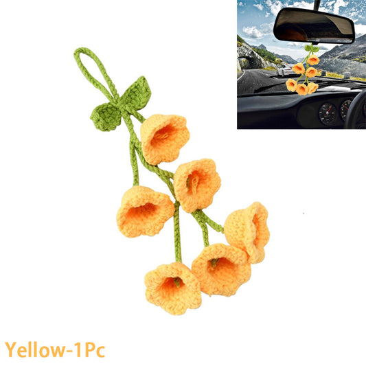 Cute handmade knitted car accessories, yellow rearview mirror hanger