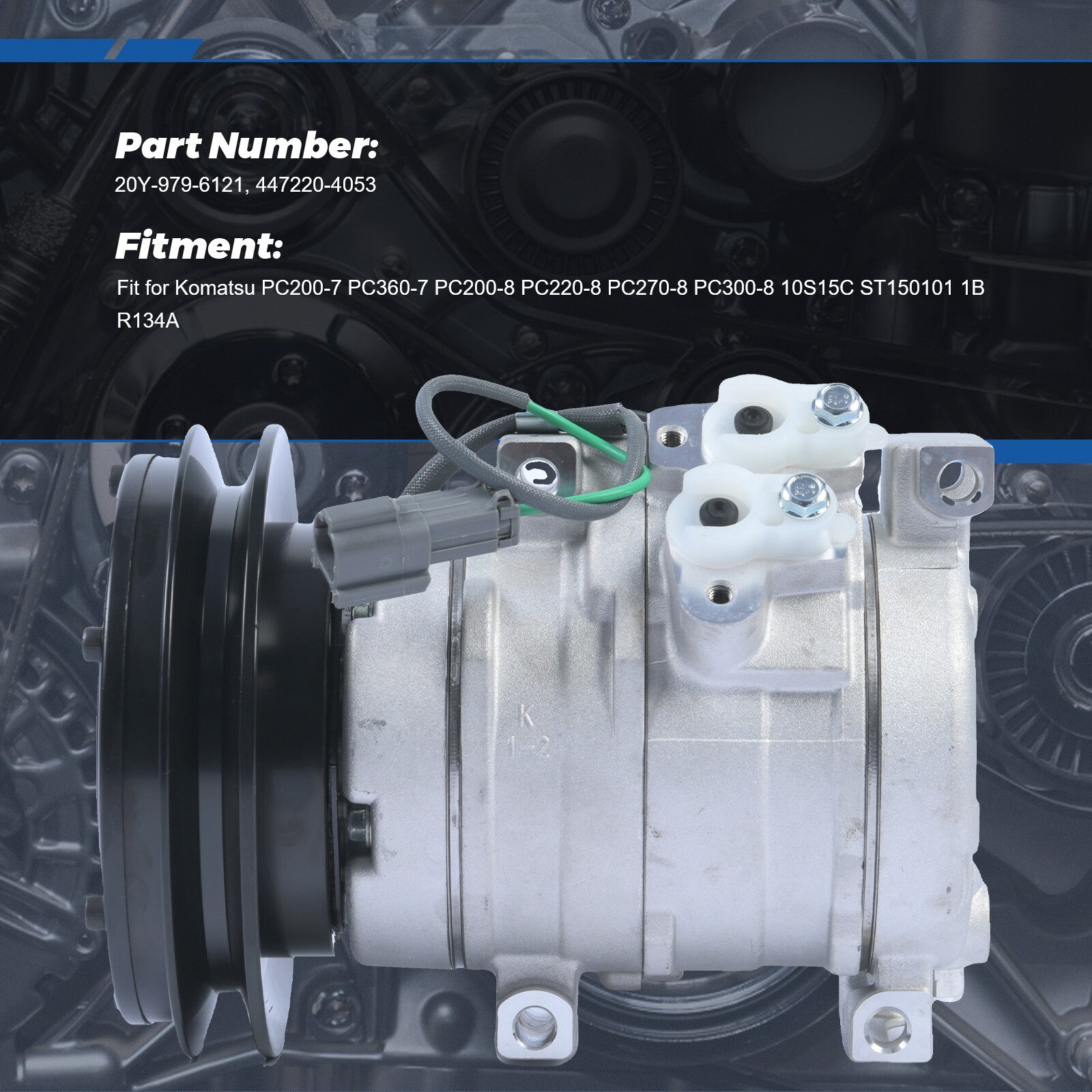 AC Compressor 447220-4053 20Y-979-6121 R134A For Komatsu PC200-7 PC360-7 1B 24V